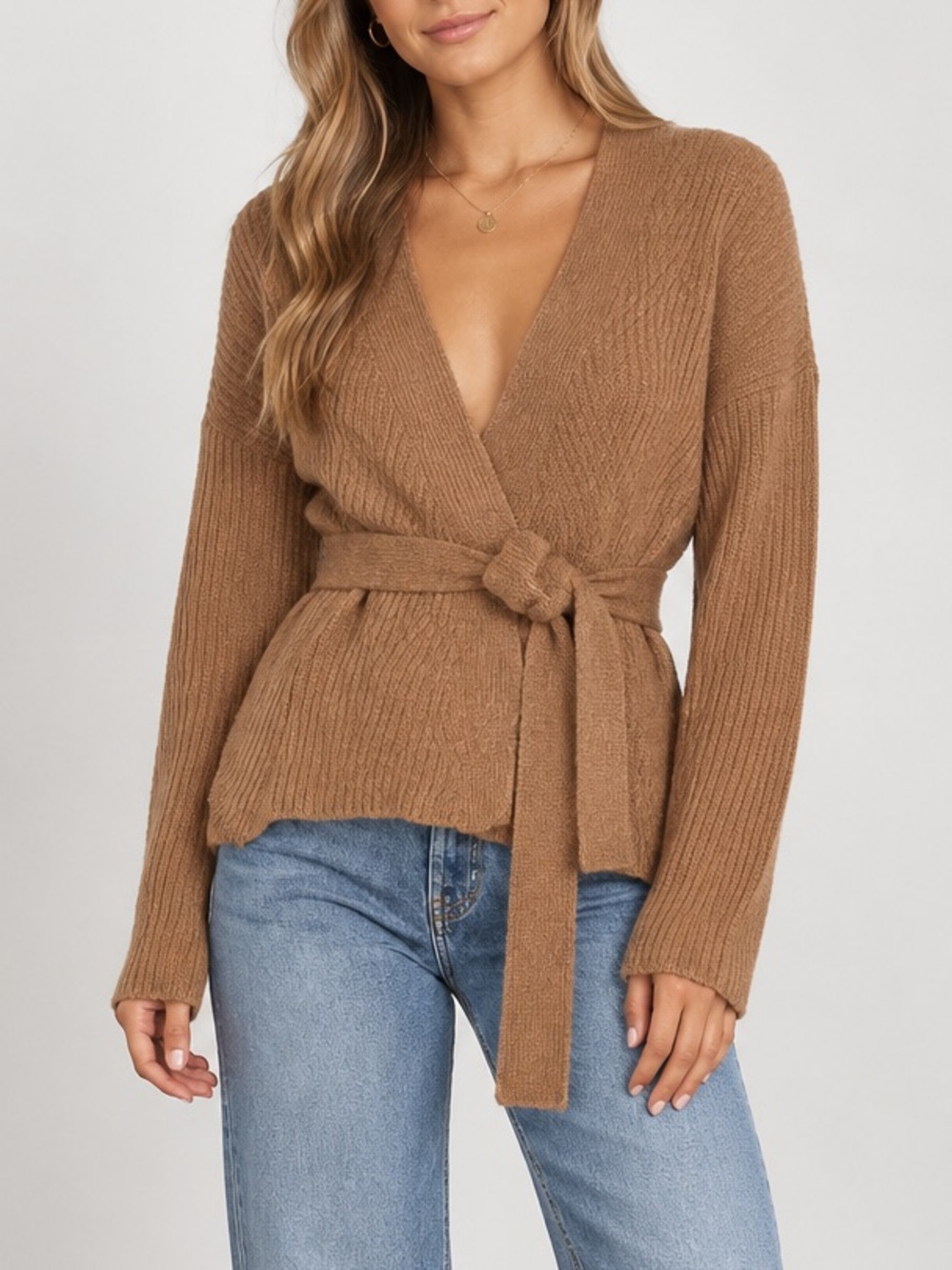 Tularosa Halcyon Taupe Ribbed Knit Wrap Tie Cardigan Sweater